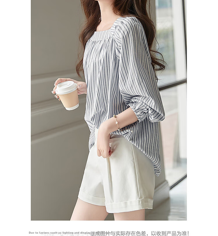 Dme Lantern Sleeve Striped Blouse Women's Top, Navy Blue, S 10