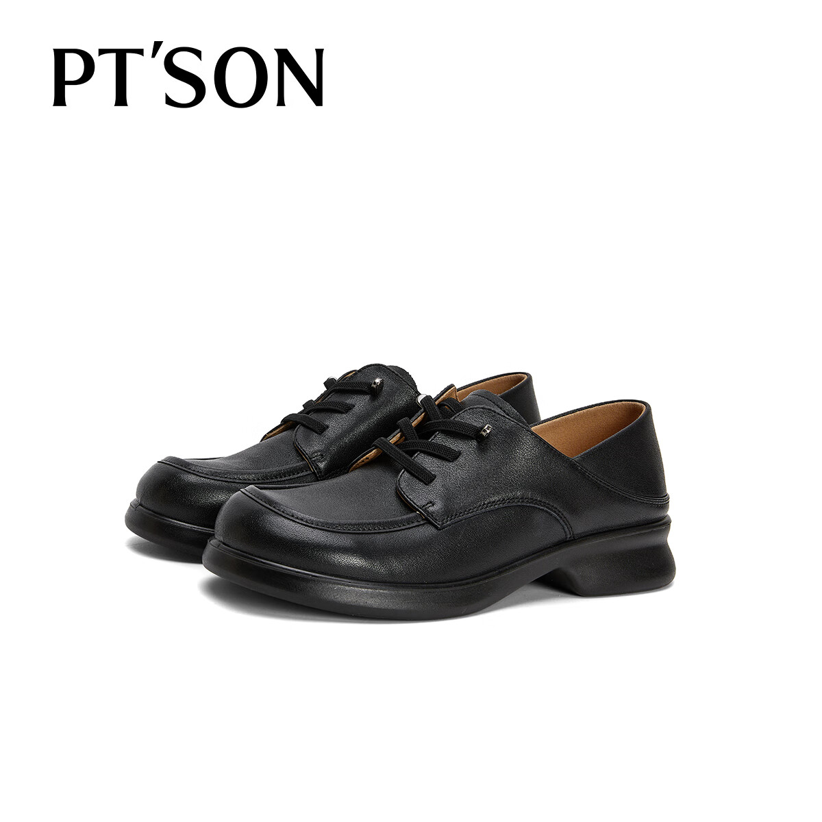 PT'SON Top-Grain Leather Deep-Mouth Flats, 2026 Autumn Retro British Style Leather Shoes, Thick-Soled Height-Increasing Women's Shoes, Black, Size 35