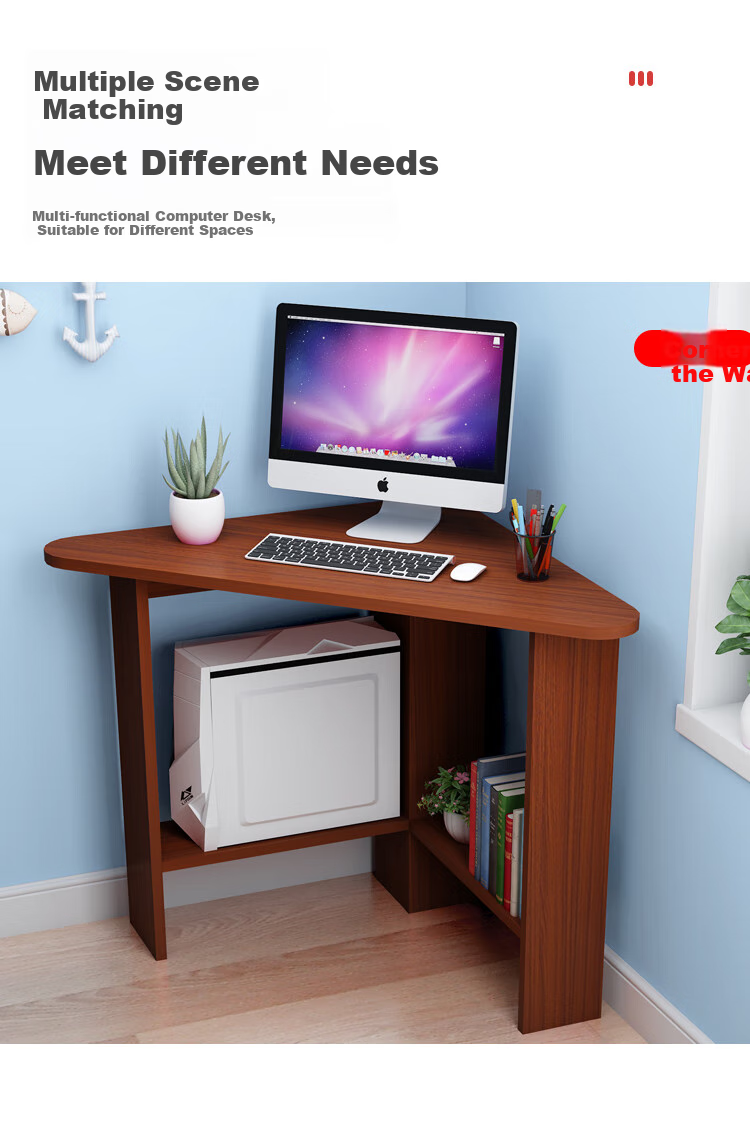KULIN Computer Desk, Corner Desk with Storage Shelf, Triangular Desk for Small Spaces, Walnut Color 11