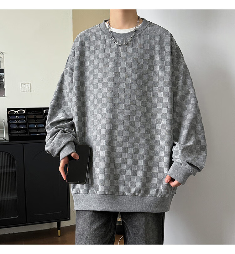 Dingfengbaoluo Japanese-Style Plaid Crew Neck Sweatshirt for Men, Spring Loose-Fitting High-End Casual Base Layer Top DFL77 Black XL 25