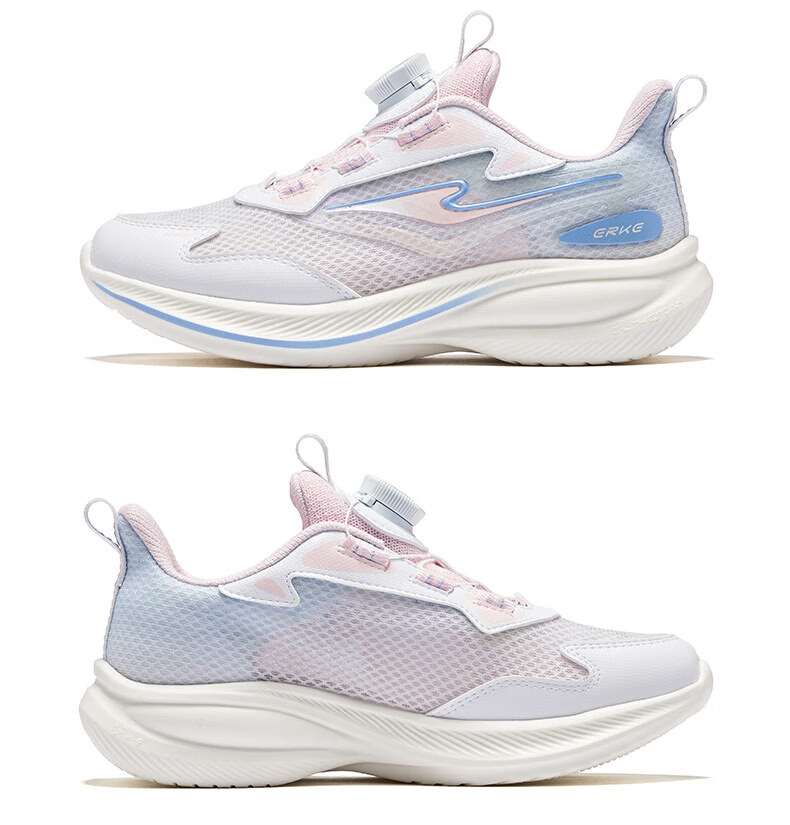 ERKE Children's Shoes, Boys And Girls Rotary Buckle Lightweight Running Shoes, Kids Hollow Breathable Sneakers, Micro-Crystal White/pure Pink, Size 33 25