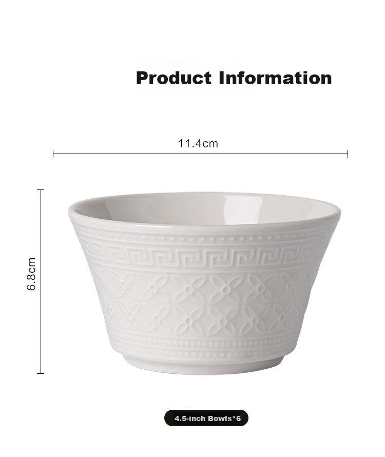 JD Original Rice Bowl, Housewarming Ceramic Tableware Set, Embossed Fen Dan Bai Lu, Bowls 4.5 Inches * 6 4