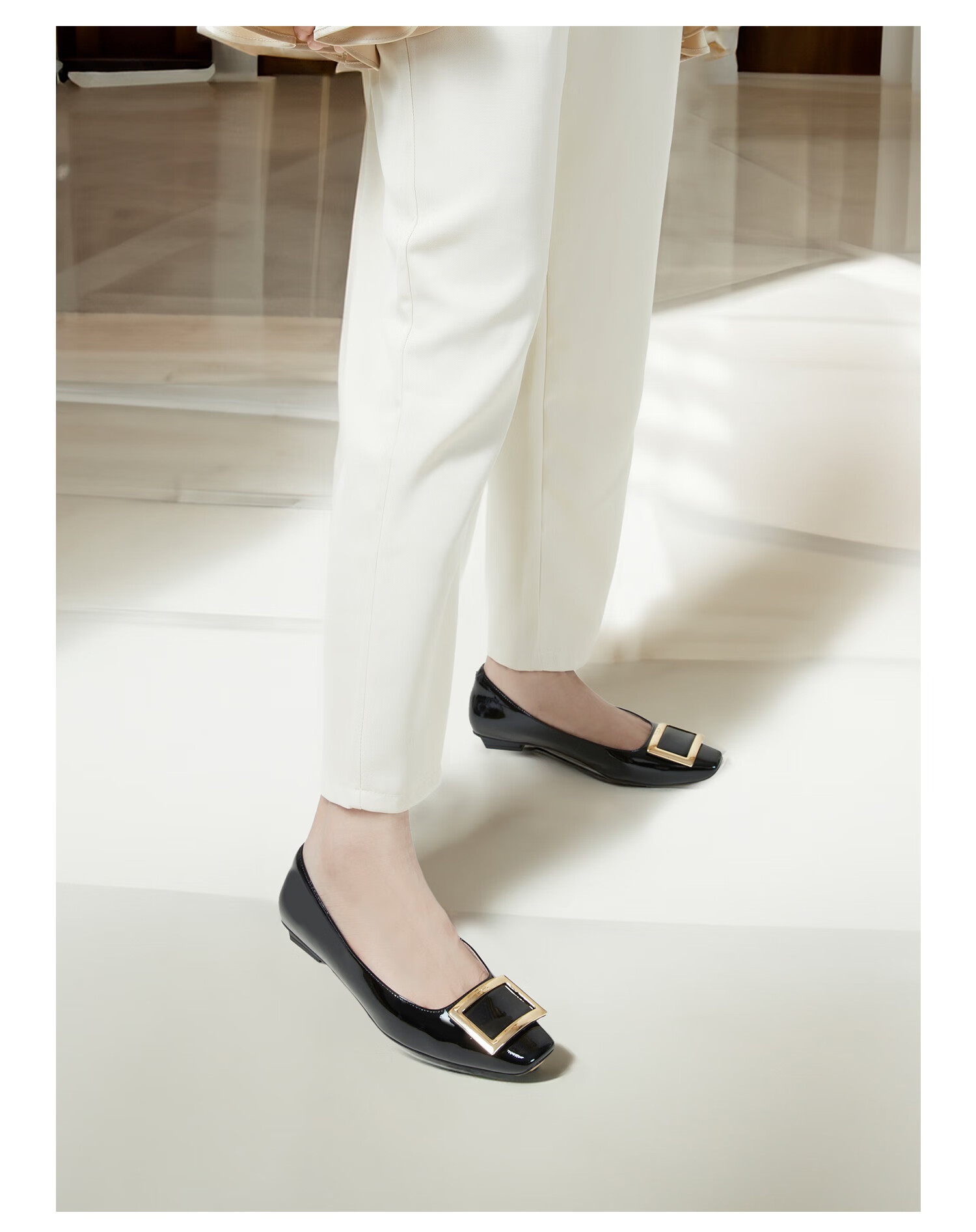 COMELY Women's Square Buckle Low-Cut Flats, Spring And Summer New Style Genuine Leather Versatile Flat Shoes for Women to Match with Skirts, Pink Apricot Color, Size 38 4