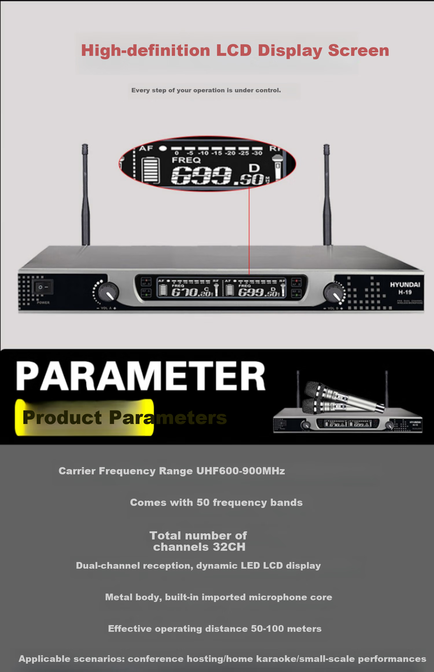 HYUNDAI H-19 Wireless Microphone System, Dual Channel UHF Transmitter And Receiver, for Home KTV, Handheld Use in Meeting Rooms, Outdoor Events, And General Stage Performance 9