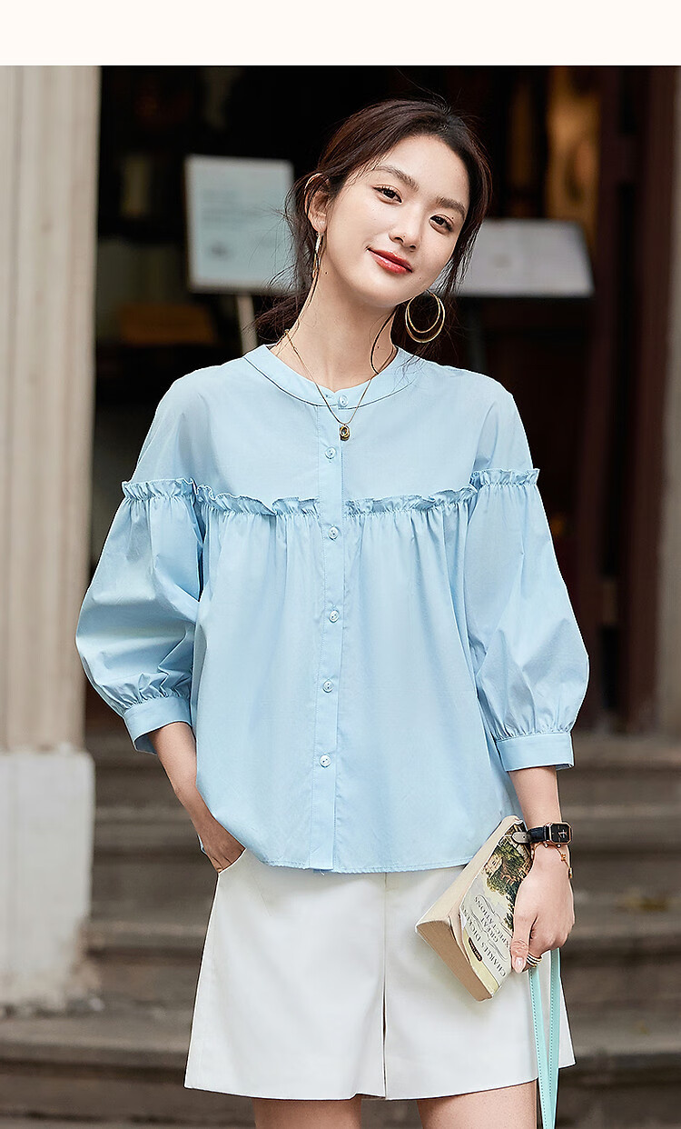 Dme [Gentle Trailer] Spring And Summer French Pure Cotton Pleated Wrinkled Shirt with Ruffle Collar And Puff Sleeves Women's Blouse Top 13