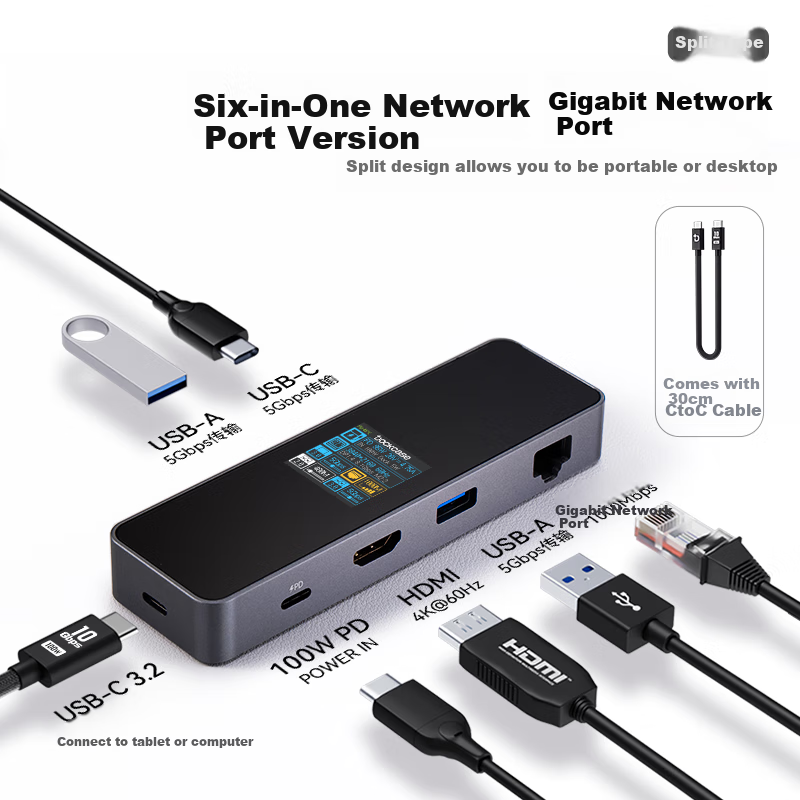 DOCKCASE Multi-Case Intelligent Visual Type-C Expansion Dock, 6-In Gigabit Ethernet Port HDMI Screen Mirroring Adapter, 4K60Hz Desktop Expansion Dock, USB-C Compatible with Apple Macbook