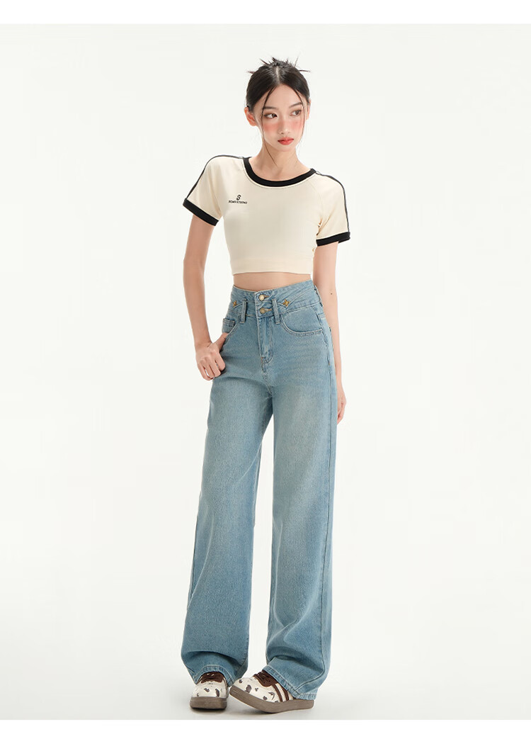 Langsha Women's Jeans Spring Autumn High Waist Slim Wide Leg Draped Loose Straight Floor-Length Pants 12
