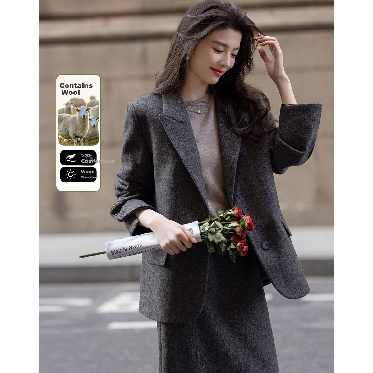 Dme [Low-Saturation Work Attire for Winter] Elegant Business Commute Wool-Blend Warm Blazer for Women, Short Style