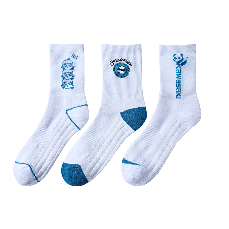 KAWASAKI Thickened Towel Bottom Sweat-Absorbing Sports Mid Socks Panda Series C6372 White/Forest Green Triple Pack