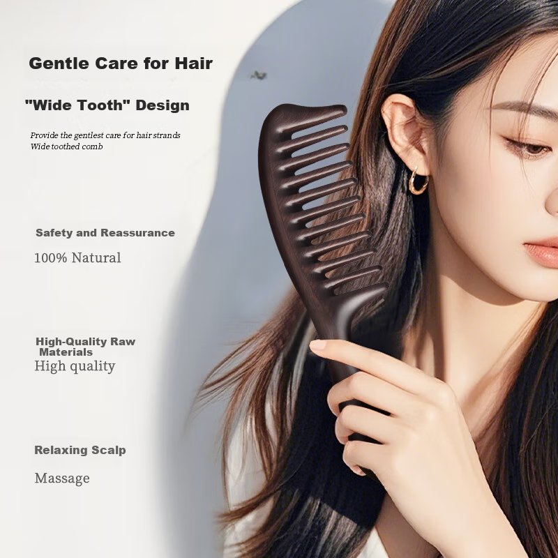 Langfeng Natural Black Ebony Comb with Wide Teeth for Massage Meridians, Mid-Autumn Festival Gift for Parents, Elders, Clients, Wife, Female Friends, High-End Birthday Present