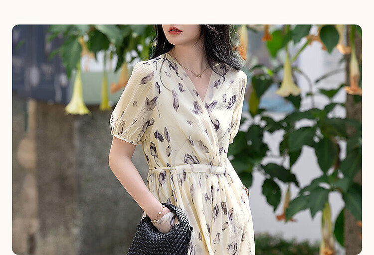 Dme [Anniversary] Summer V-Shaped Overlapping Collar Puff Sleeve Tea Break Dress, Wrinkled Thin Tulle Tulip Print Dress for Wome 5