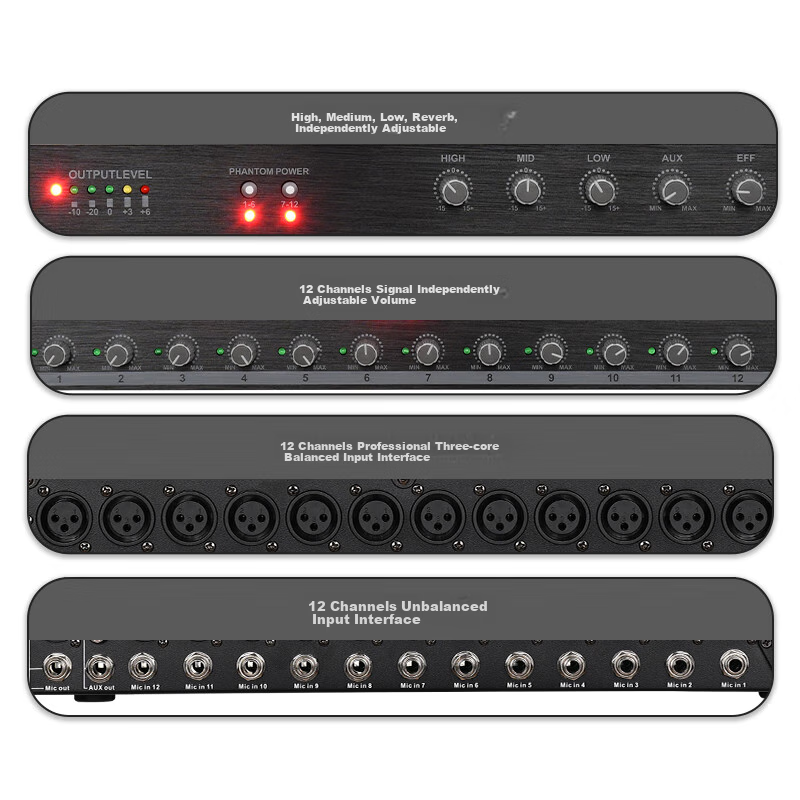 Shuledi AV-2306 Domestic Wired Microphone Mixer, Conference Microphone Expander, 48V Power Supply, Professional Audio Equipment (12 Channels)