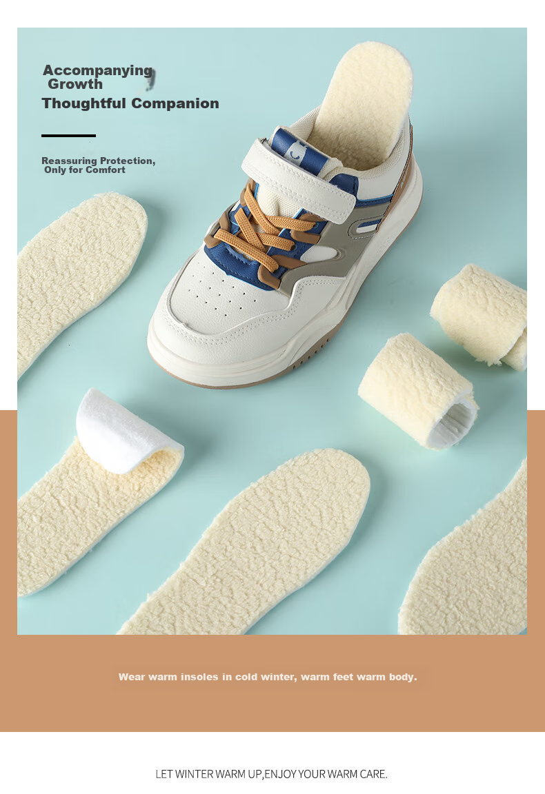 FOOTOPPO Children's Warm Lambswool Insoles, Thickened And Fleece-Lined for Winter, Anti-Cold Plush Wool Shoe Insoles 13