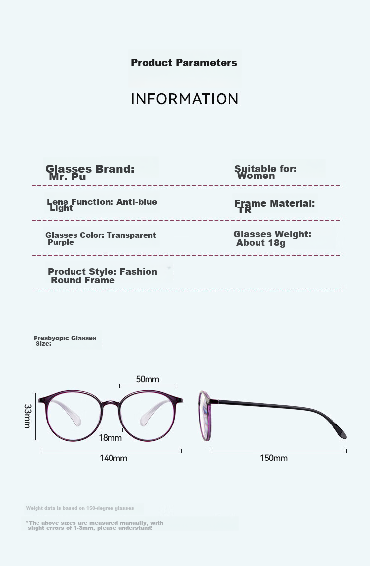 Mr. PuTian Anti-Blue Light Reading Glasses for Women, Fashionable High-Definition Presbyopic Glasses for Elderly, Purple, 100 Degrees (40-49 Years Old) 10