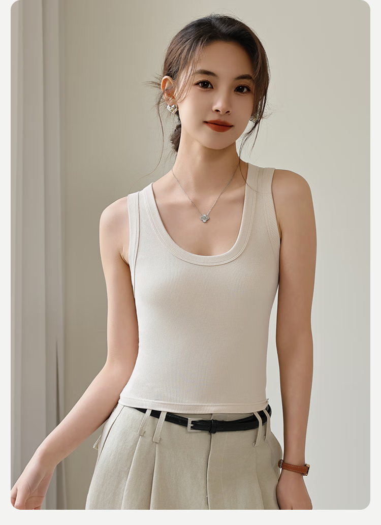 MiiOW Women's Camisole Tank Top [Racerback with Low Cut], Wide Shoulder Versatile Slim Fit Elastic Short T-Shirt, 2026 New White XL 14