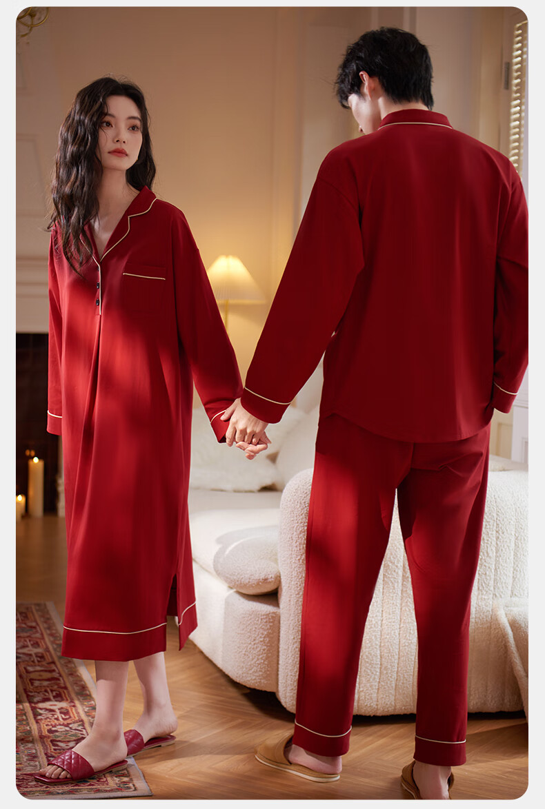 XULEN Modal Cotton Couples Red Nightgown and Robe Set for Wedding Year 63351 Jujube Red - Women M 11