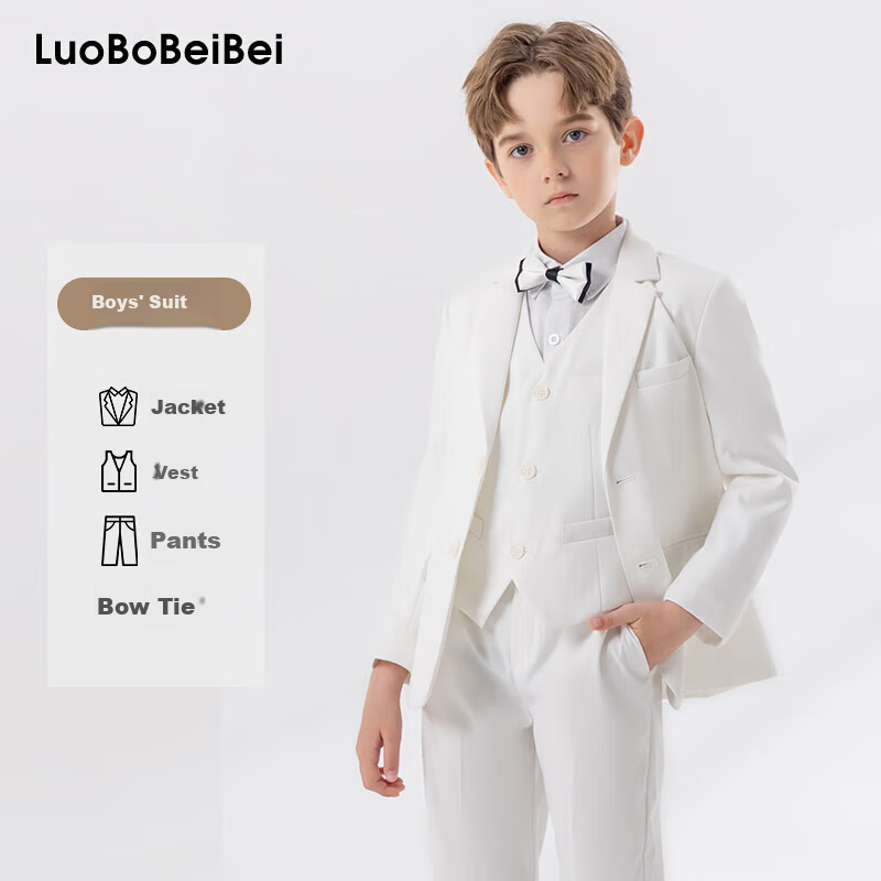 LUOBOBEIBEI Children's Small Suit, White Gentleman Suit, Boys' Birthday Flower Boy Outfit, White Four-Piece Set, Size 140