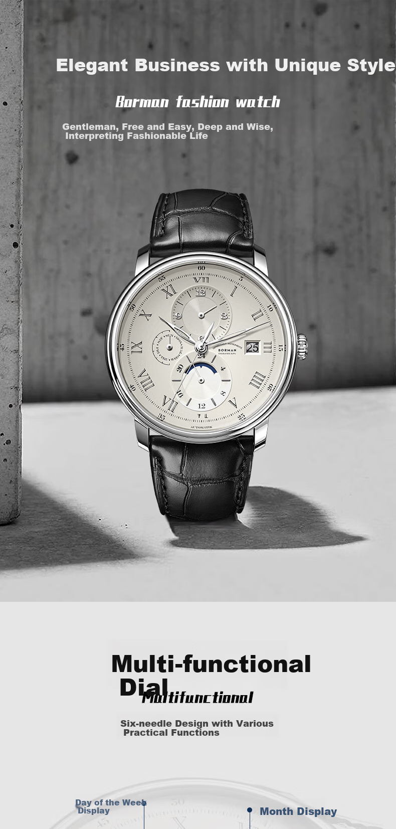 BORMAN Bauhaus Men's Mechanical Watch, Fully Automatic, Water-Resistant 3801, Silver Hands, Apricot Dial, Steel Strap 1