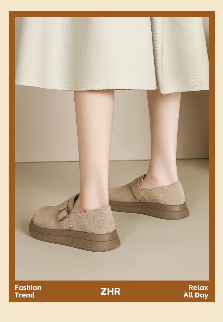 ZHR Thick-Soled Birkenstock-Style Shoes for Women, Retro Full-Coverage Round Toe Casual Women's Shoes, Lightweight Slip-On Flats JF202 Khaki 37 11
