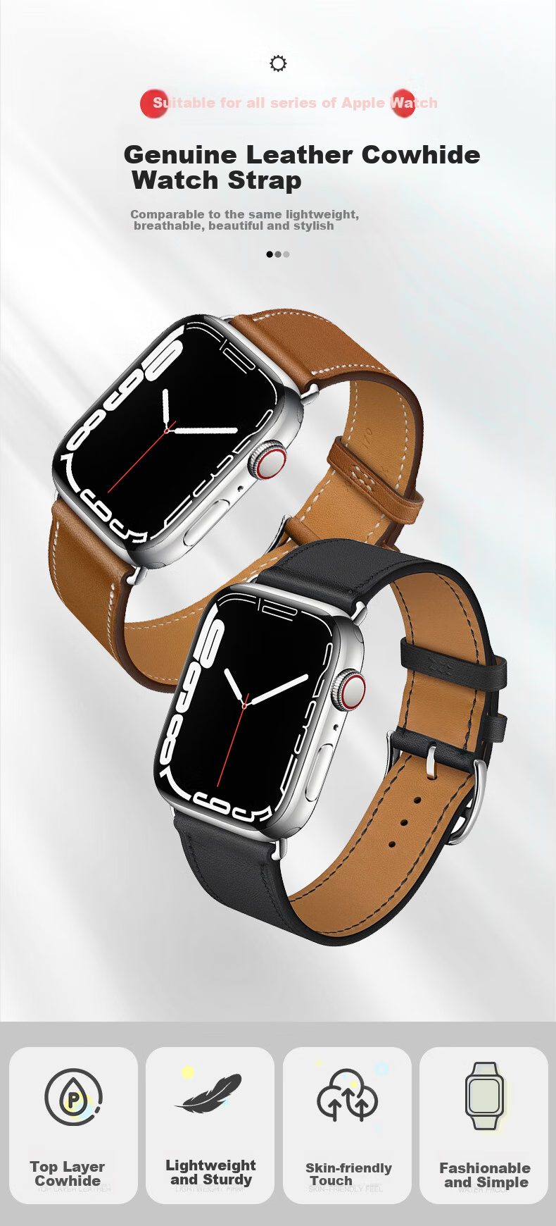 BHO Compatible Apple Watch Band, Suitable for Apple Watch S12/S11 Hermès Leather Strap, IWatch S10/9/8/7/6/Ultra4/SE3/2 Genuine Leather Strap 1