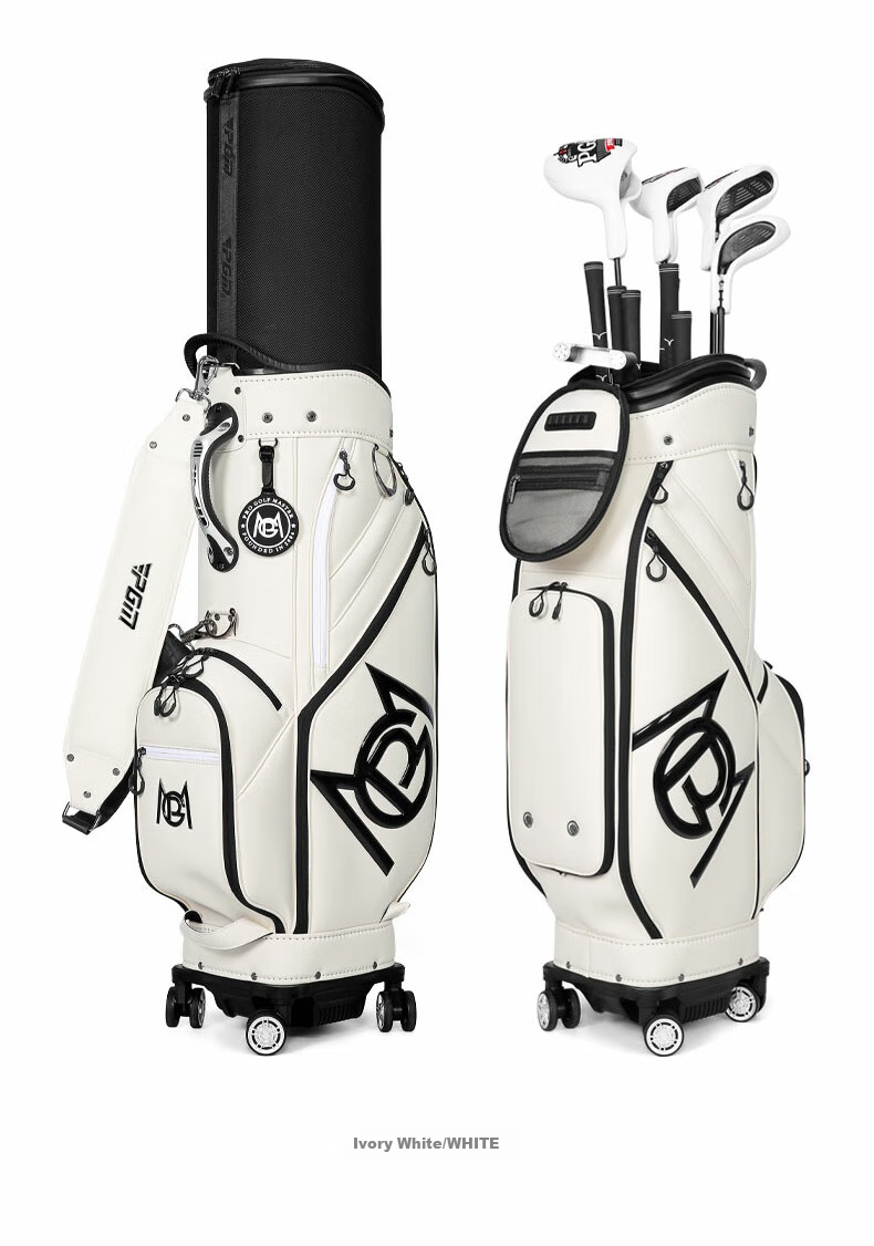PGM Golf Bag, Hard Shell Expandable Bag, Four-Wheel Flat Push, Airline Carry-On, Reversing Golf Clubs, Soft Leather, Off-White Color 14