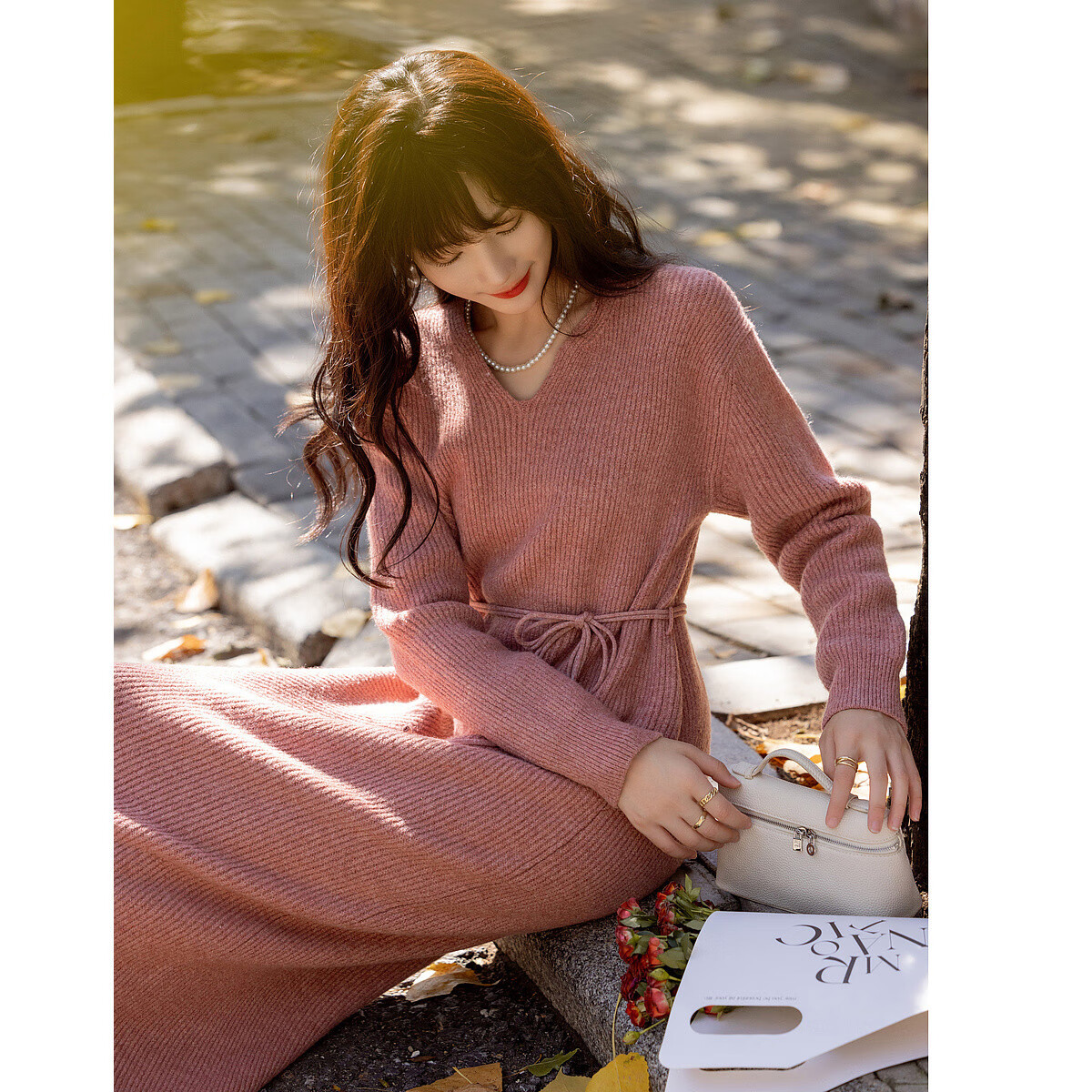 Dme Spring And Autumn Elegant V-Neck Loose-Fitting Drop Shoulder A-Line Slimming Belt Midi Dress for Wome