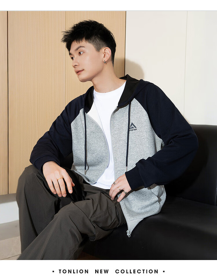 TonLion 2025 Spring Men's Hooded Jacket with Chest Print And Raglan Sleeves, Light Heather Gray, S 2