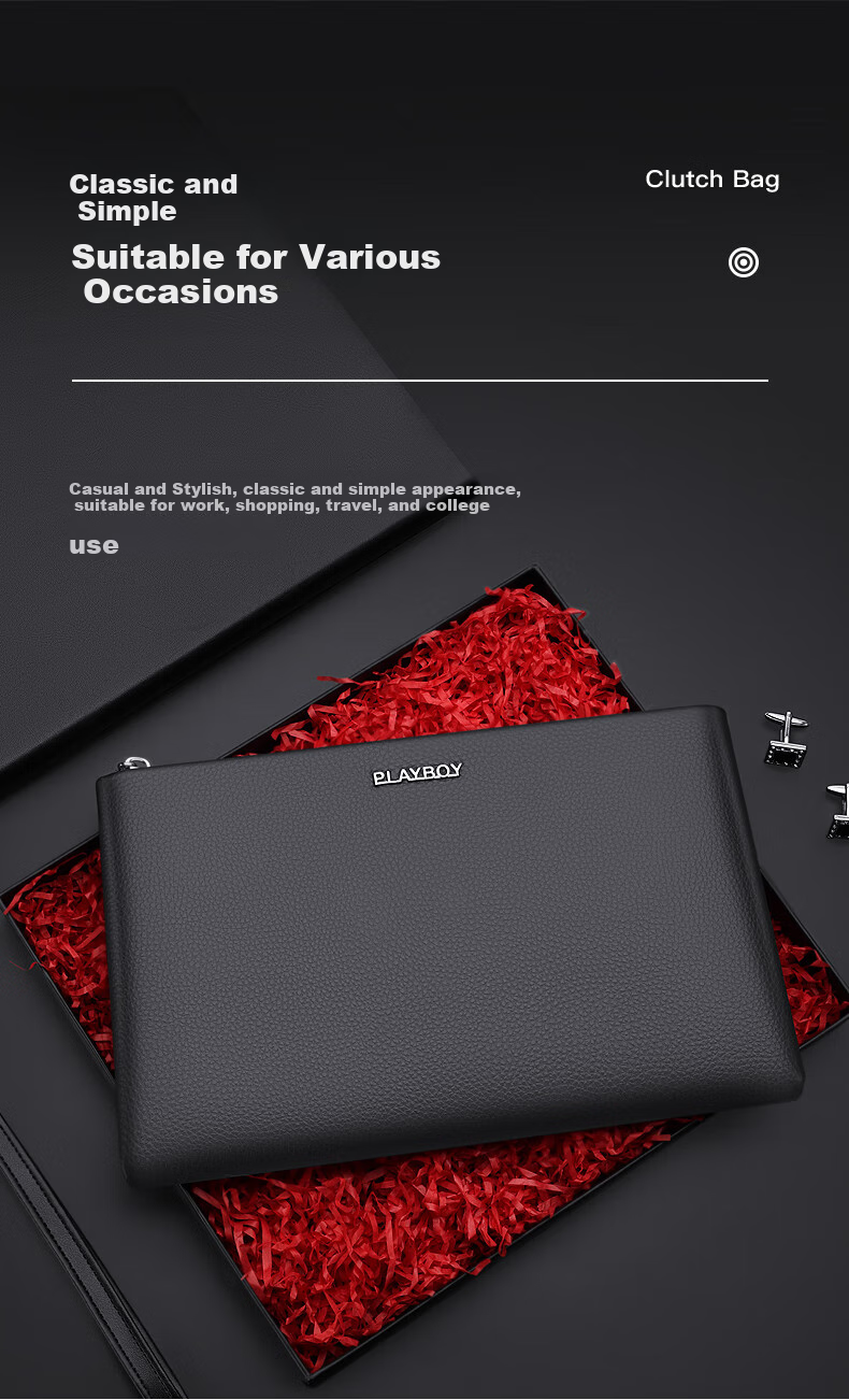 PLAYBOY Men's Handbag, Top-Grain Leather Clutch, Business Large-Capacity Genuine Leather Envelope Bag, Casual Birthday Gift 6