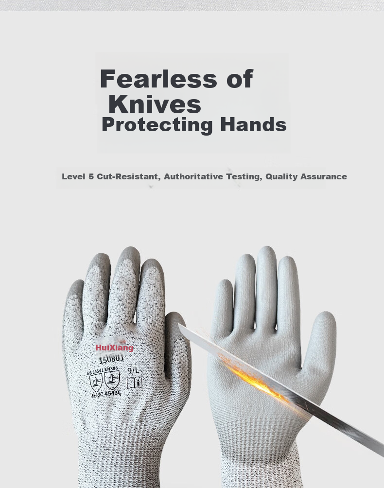 Huixiang JINGDONG Industrial Own Brand Cut-Resistant PU Palm Coated Gloves 150801 (Level 5) Size 9 3 Pairs/pack HPPE Thickened Dense Flexible Wear-Resistant Hand-Fitting EU CE Certified 4