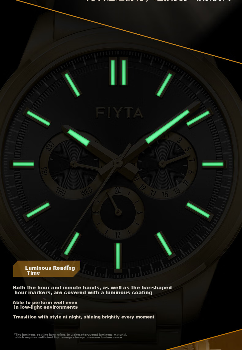 FIYTA Zhuoya Series CITY+ Light Business Multifunctional Men's Watch Black Dial Steel Strap 12