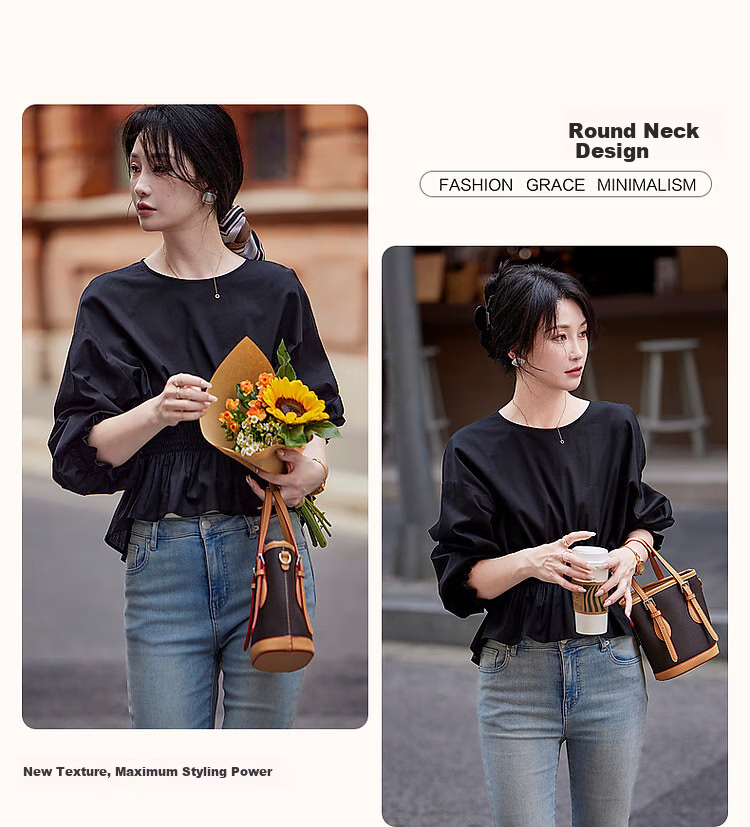 Dme [Will Breathe Cotton] Spring And Autumn French-Style Loose Round Neck Slim-Fit Drop Shoulder Concealing Shirt Women's Top 5