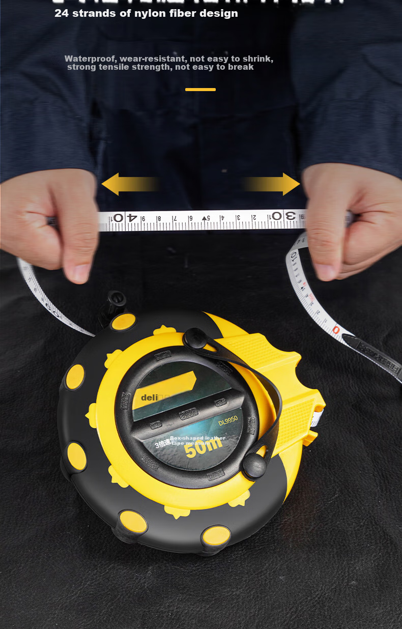 Deli 50-Meter Triple-Speed Fiber Tape Measure, Playground Box-Type Leather Tape Measure, Flexible Ruler, Telescopic Ruler, Engineering 50m 3