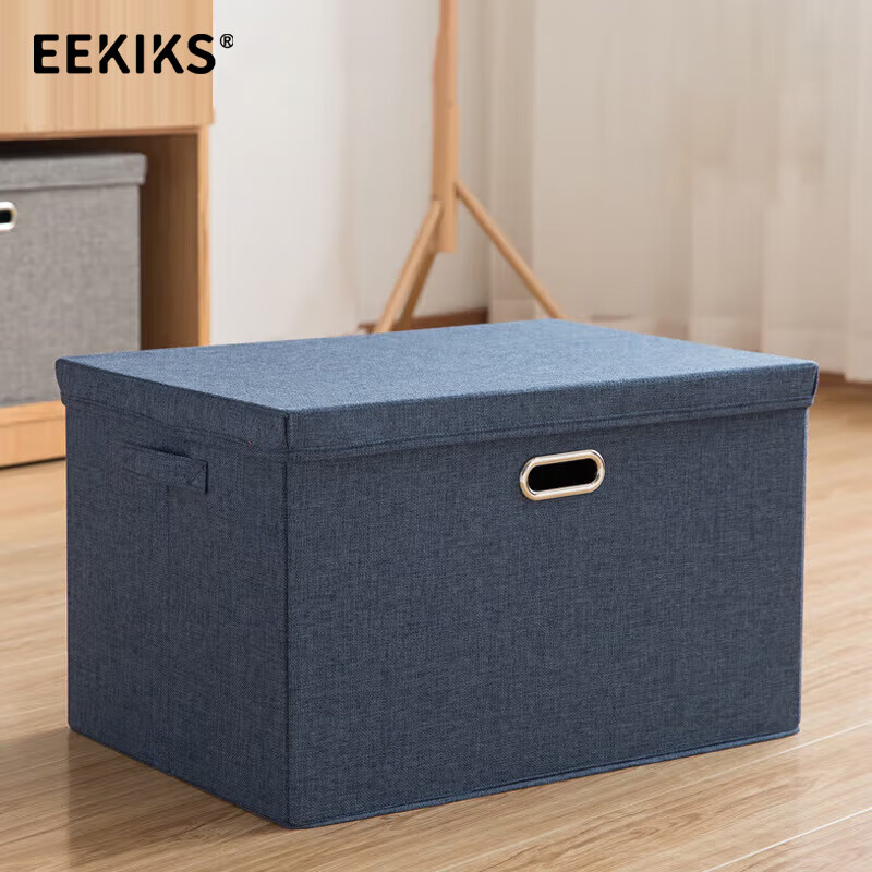 EEKIKS Fabric Folding Storage Box, Cotton Linen Wardrobe Organizer, Washable Navy Blue, 54 Liters