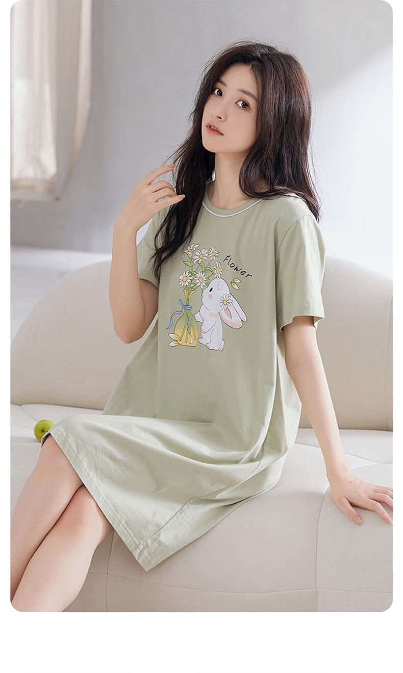 Fenteng Summer Lightweight Short-Sleeve Pure Cotton Loungewear, Plus Size Cute Pajamas, All-Cotton Women's Nightgown, Grass Green, XL 15
