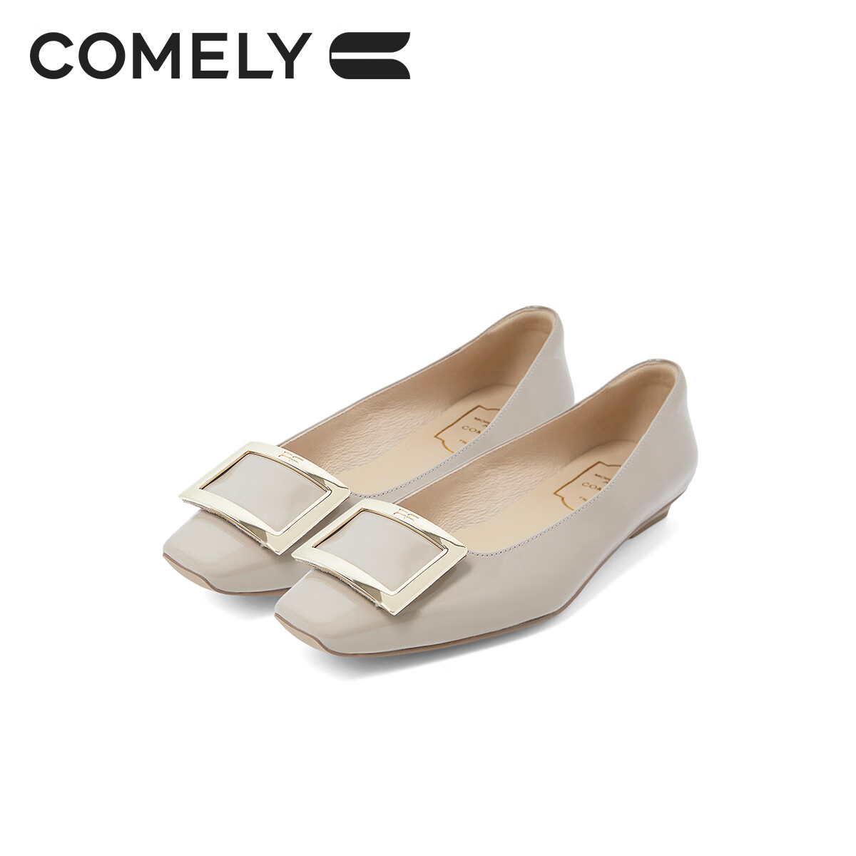 COMELY Women's Square Buckle Low-Cut Flats, Spring And Summer New Style Genuine Leather Versatile Flat Shoes for Women to Match with Skirts, Pink Apricot Color, Size 38