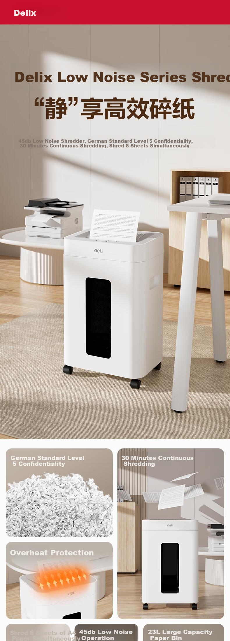 Deli Shredder, Level 5 Security, Single Pass 8 Sheets, 30 Minutes Continuous Shredding, Large Heavy-Duty Office-Specific Document Shredder, 23LGA530 1