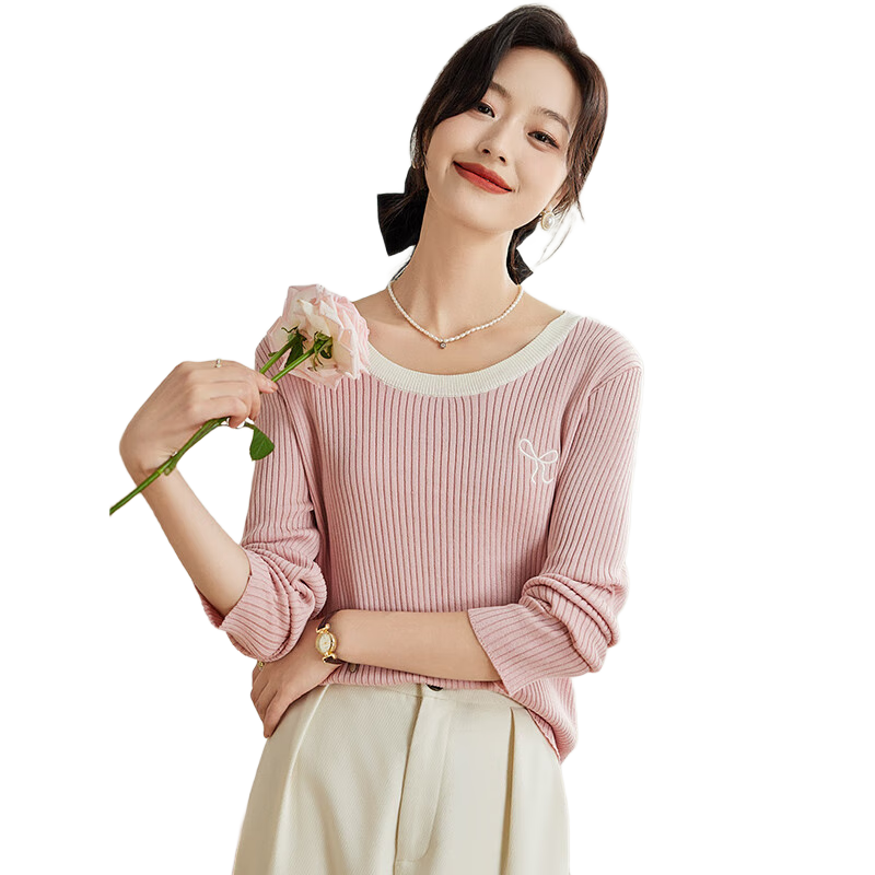 PinCai Women's Knit Sweater, Early Autumn Round Neck Bow Embroidery Knit Top, Slim-Fit Base Layer Sweater P143Z3009