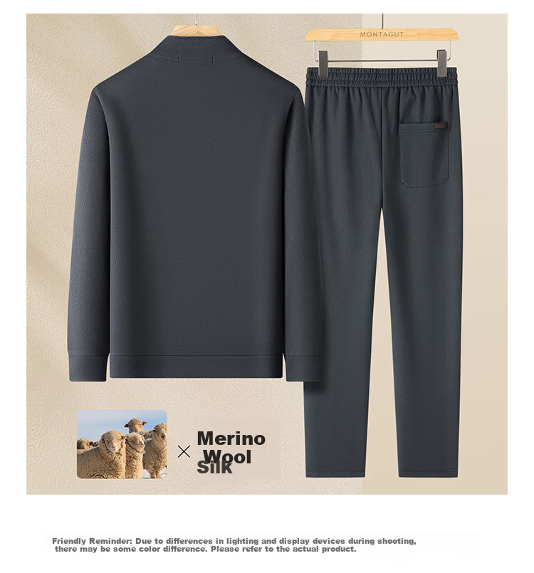 MONTAGUT Spring And Autumn Men's Stand-Collar Jacket with Mulberry Silk, Casual Sweatpants, Sporty Fashion Two-Piece Set, Black, Size 54 13
