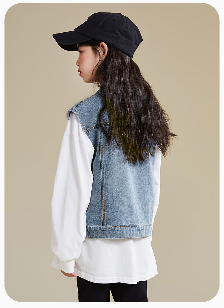 QQ DUCK Children's Denim Vest Girls' Sleeveless Jacket Youth Clothing Classic Vest Navy Blue; 165 25