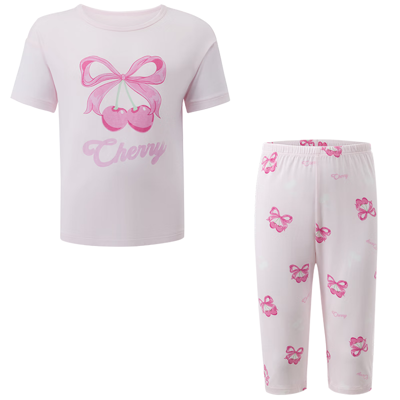 Aimer Kids Girls' Loungewear Set, Lenzing Modal Short-Sleeve Top And Cropped Pants Pajama Set, Cherry Blossom Pattern, Size 110