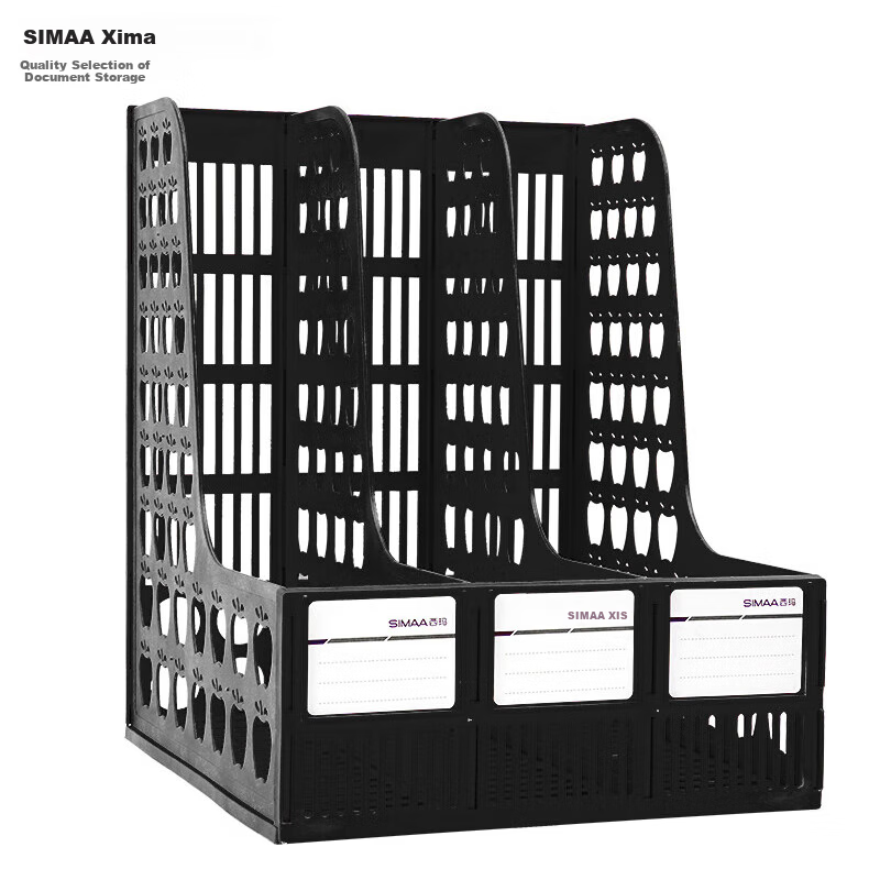 SIMAA Triple-Linked Hollow Desktop File Organizer with Labels, Office File Rack/file Holder/file Basket/document Storage Box, Classic Black, 6898
