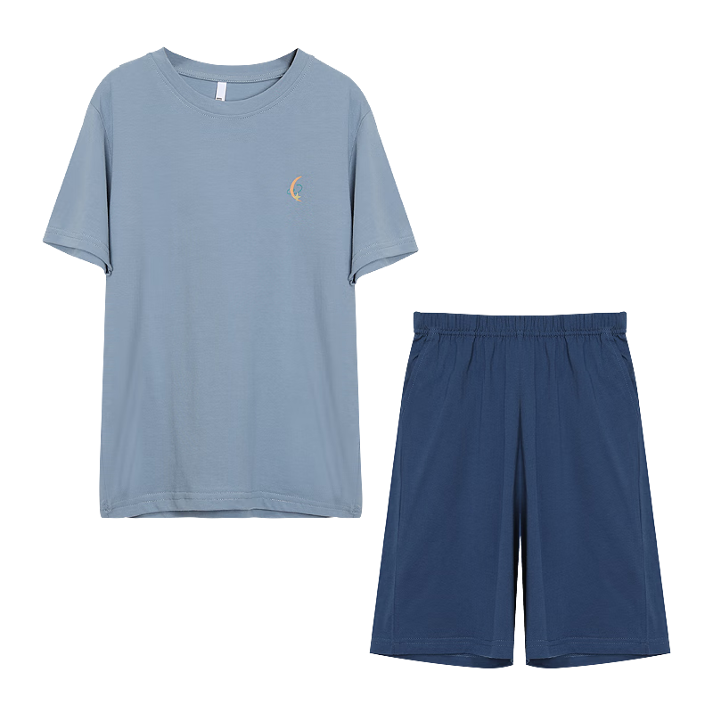 Hodohome Children's Pajamas, Boys' Summer Pure Cotton Pullover Loungewear, Short-Sleeve Shorts Air Conditioning Suit Set, 301 Blue, Size 120