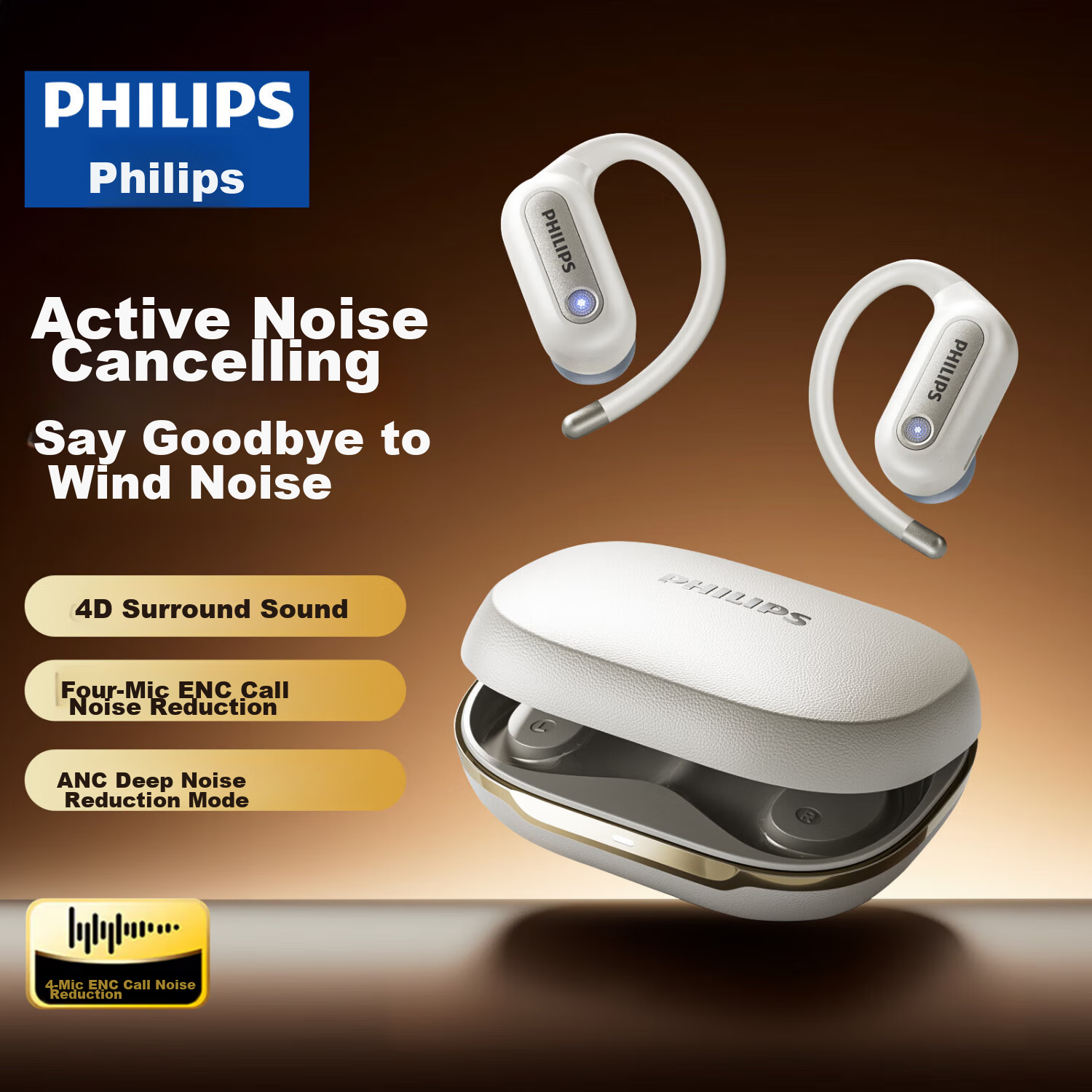 PHILIPS True Wireless Bluetooth Earphones, Open-Ear Design with Bone Conduction Concept, Clip-On Style, Sports Running Noise-Cancelling Universal Fit for Apple TAT4759 White