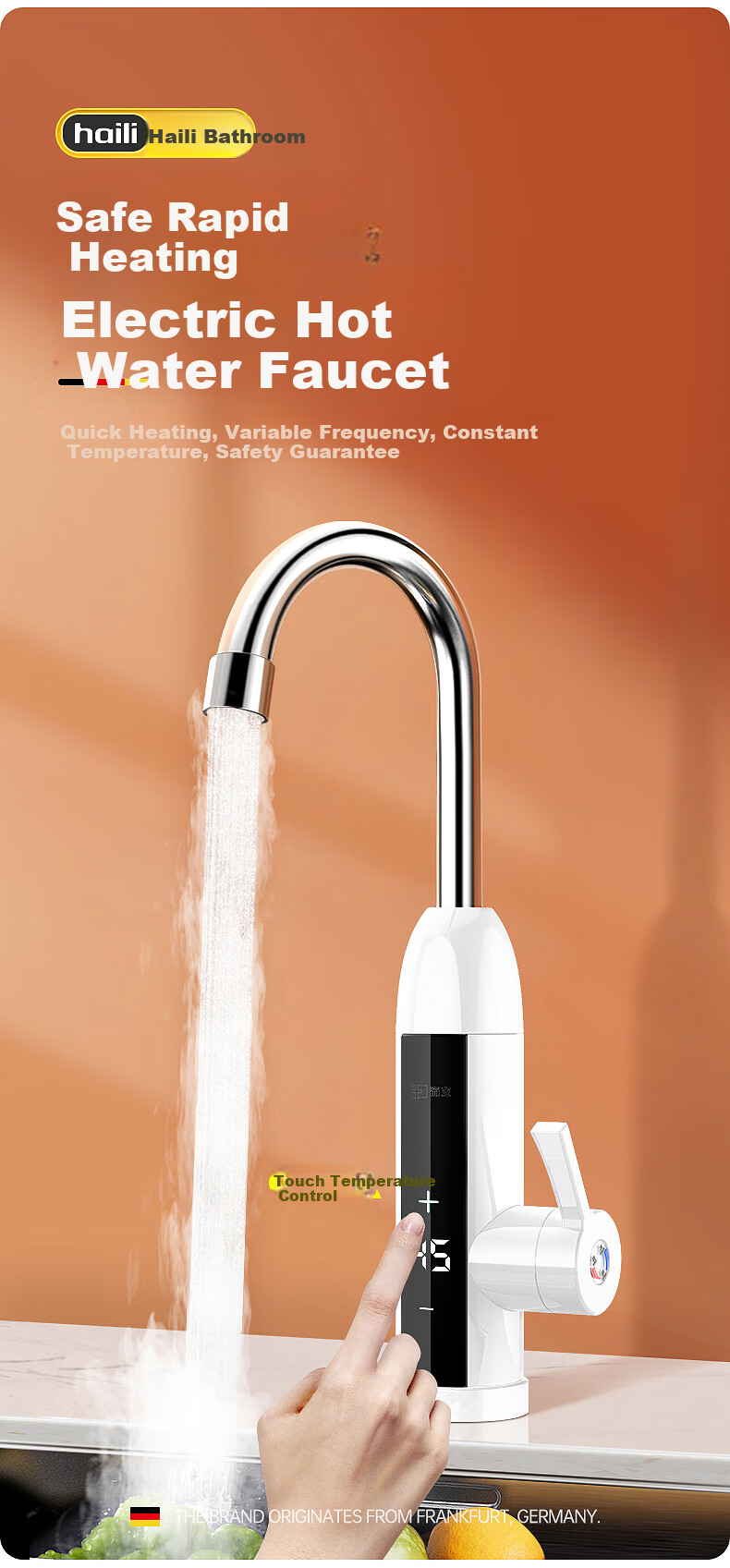Haili 304 Stainless Steel Electric Water Heater with Variable Frequency Temperature Control, Instant Heating Kitchen Water Heater, Fast Heating Household XH-904 3