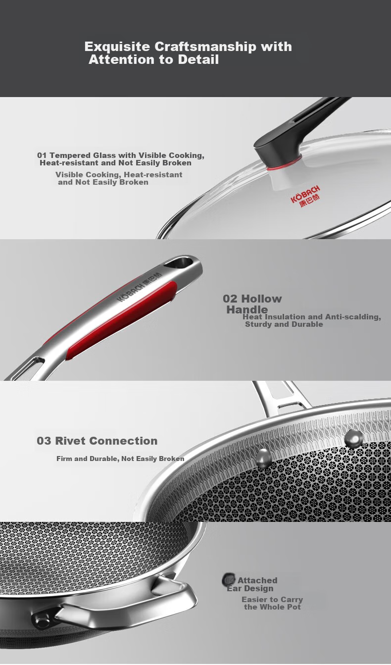 KOBACH Non-Stick Wok, 316L Stainless Steel Frying Pan, 34cm Extra Large Size, Low Smoke, Flat Bottom, Suitable for Gas And Induction Stoves 9