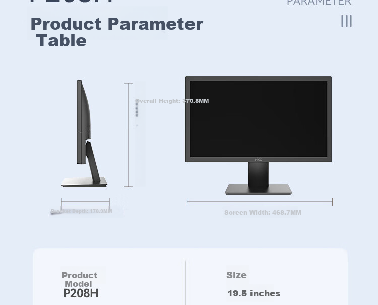 HKC 19.5-Inch Display Screen, Wide Color Gamut, HDMI Interface, Blue Light Filter, Flicker-Free, Wall-Mountable, Home And Business Office Use, Desktop Computer Monitor P208H 18