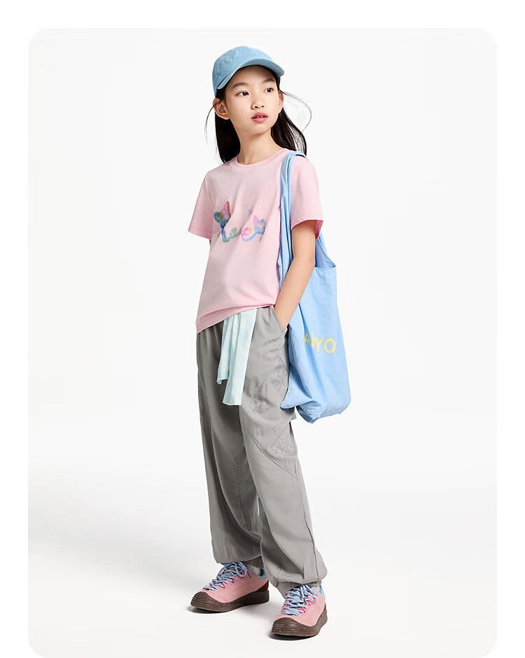 Annil Girls' Round Neck Short-Sleeve T-Shirt, New Summer 2025 Style, Cherry Blossom Pink, Size 120 13