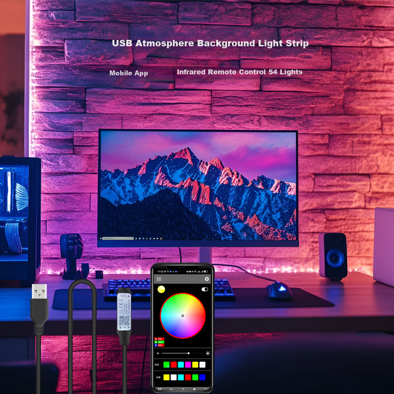 Kaiju Colorful RGB LED Strip App Music Sensing Computer Desktop Self-Adhesive Light Strip, 5V Colorful Mobile Bluetooth, 5-Meter Light Strip + Adapter + Remote Control