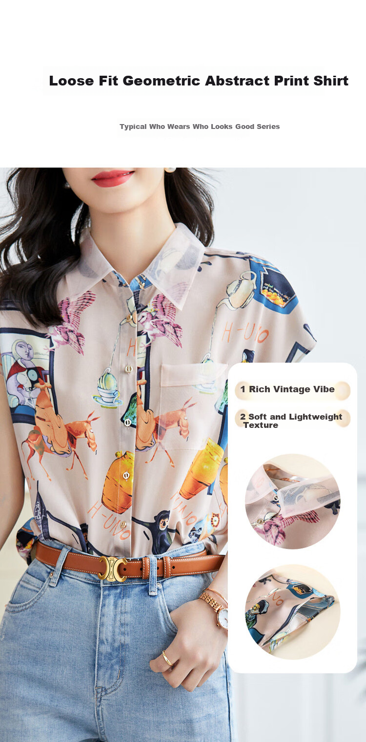Dme [Abstract Printed And Dyed Blouse], Summer Turndown Collar Pocket Patchwork Organdy Shirt, Women's Top 2
