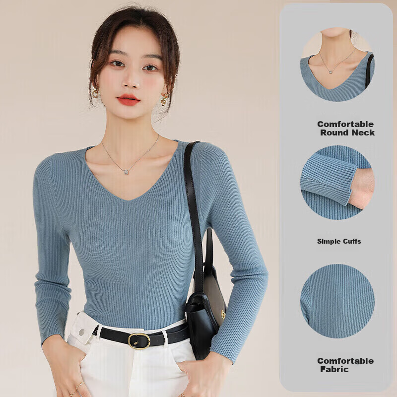 Jeanswest Women's Knit Sweater, Spring And Summer 2026, Slim Fit V-Neck Long Sleeve Base Layer Knit Top, Inner Wear, Blue, One Size Fits All